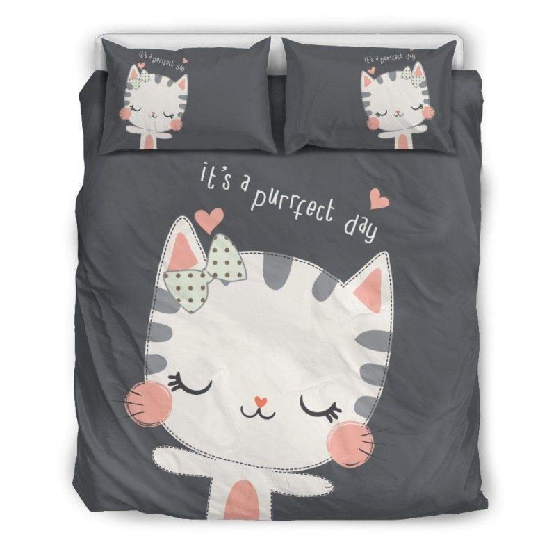 Cute White Kitty With Stripes Duvet Cover and Pillowcase Set Bedding Set Cute White Kitty With Stripes Duvet Cover and Pillowcase Set Bedding Set