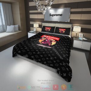 Deadpool Chibi Supreme Louis Vuitton Black Pattern Quilt Bedding Set