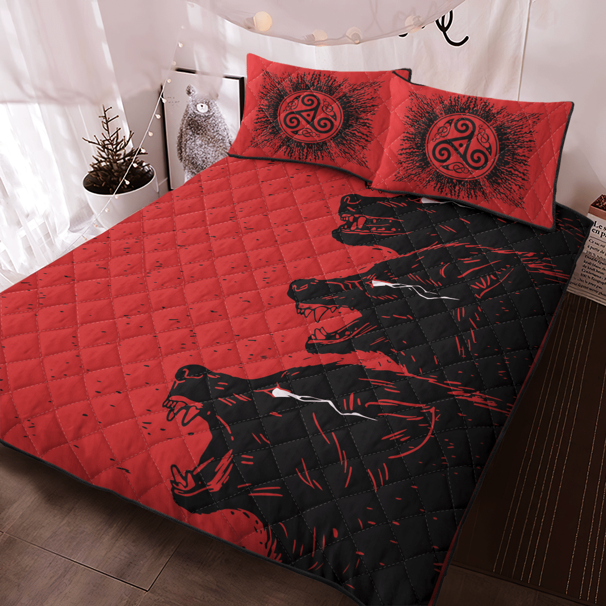 Fenrir Viking Black Red Quilt Bedding Set Fenrir Viking Black Red Quilt Bedding Set