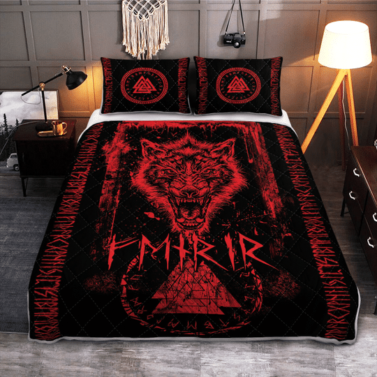 Fenrir-Wolf-Valknut-And-Rune-Viking-Quilt-Bedding-Set-1-1