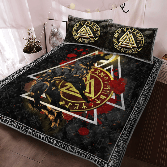 Fenrir-Wolf-Valknut-Viking-Quilt-Bedding-Set-1
