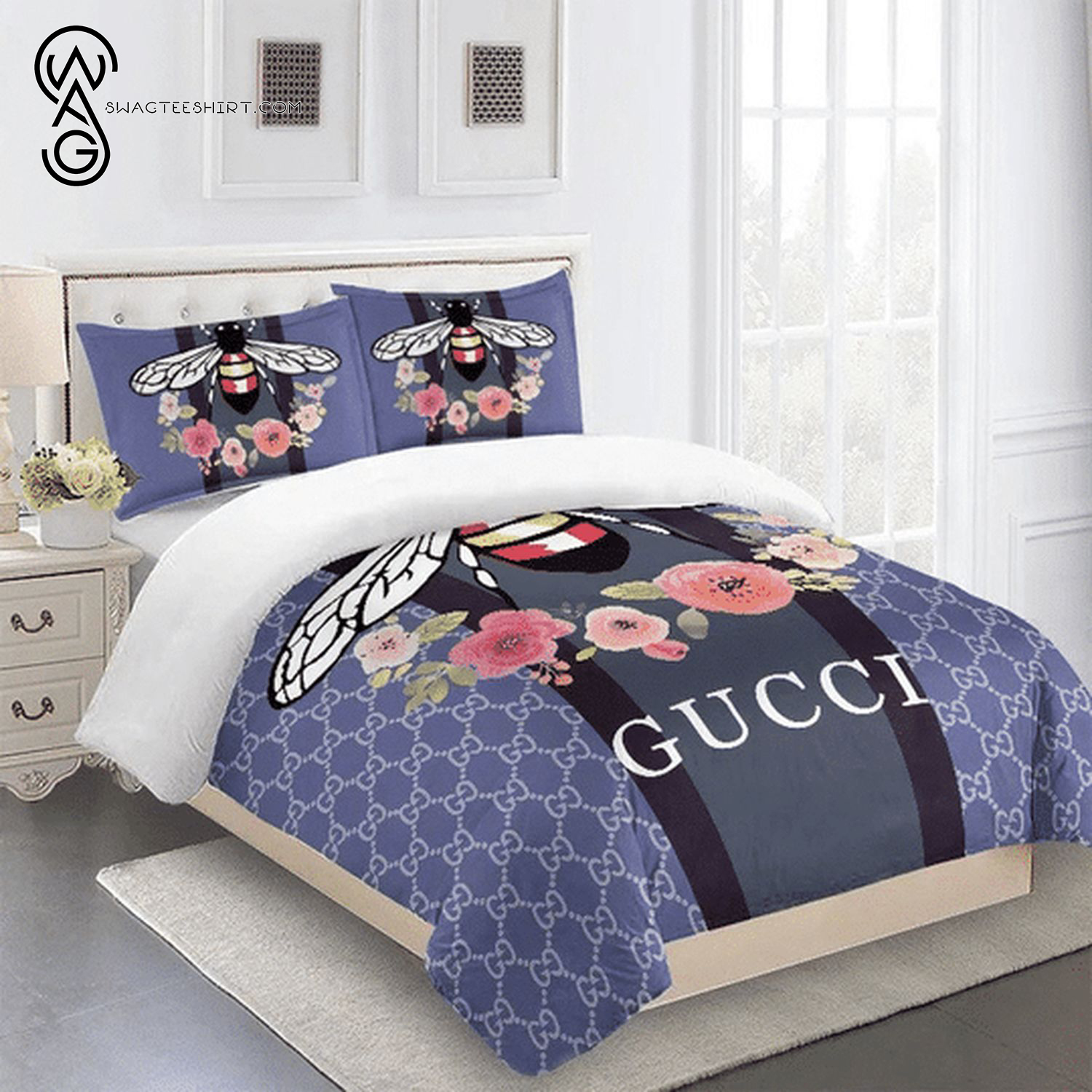 Floral Gucci Bee Logo All Over Print Bedding Set Floral Gucci Bee Logo All Over Print Bedding Set