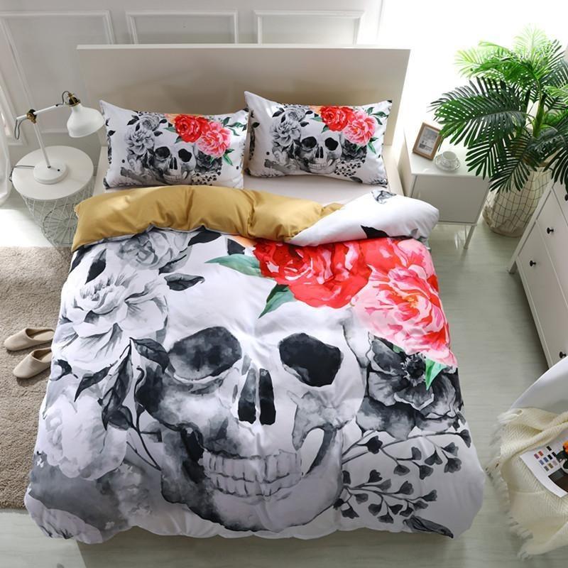 Flowers Kissing Skull Duvet Cover and Pillowcase Set Bedding Set 377 Flowers Kissing Skull Duvet Cover and Pillowcase Set Bedding Set 377