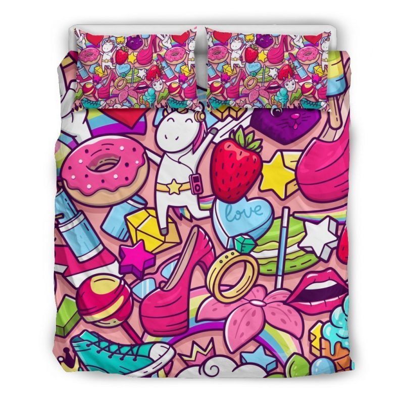 Girly Unicorn Cartoon Pattern Print Duvet Cover and Pillowcase Set Bedding Set Girly Unicorn Cartoon Pattern Print Duvet Cover and Pillowcase Set Bedding Set