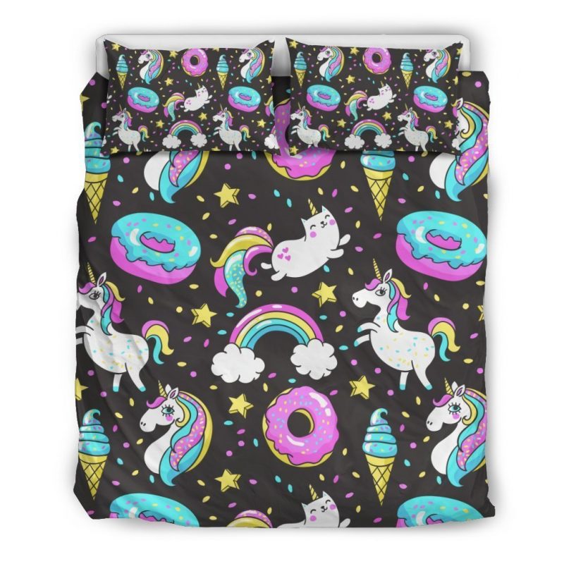 Girly Unicorn Donut Pattern Print Duvet Cover and Pillowcase Set Bedding Set Girly Unicorn Donut Pattern Print Duvet Cover and Pillowcase Set Bedding Set
