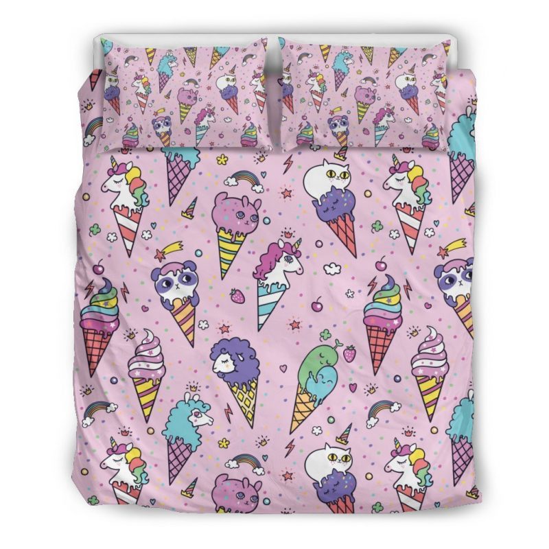 Girly Unicorn Ice Cream Pattern Print Duvet Cover and Pillowcase Set Bedding Set Girly Unicorn Ice Cream Pattern Print Duvet Cover and Pillowcase Set Bedding Set