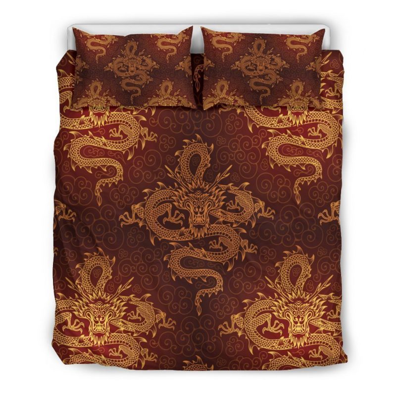 Gold Chinese Dragon Pattern Print Duvet Cover and Pillowcase Set Bedding Set Gold Chinese Dragon Pattern Print Duvet Cover and Pillowcase Set Bedding Set