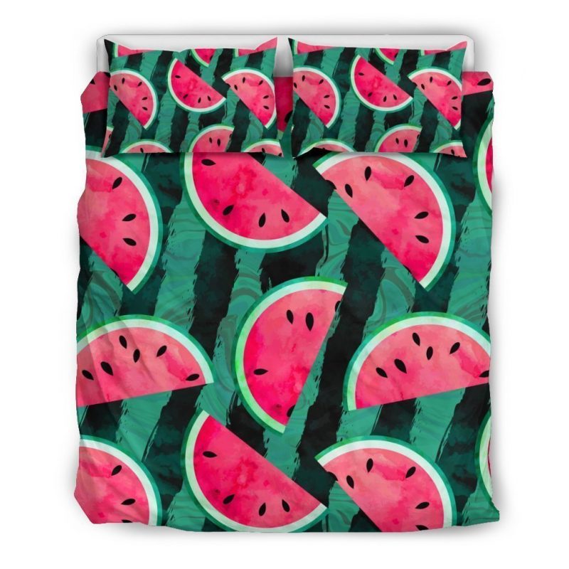 Green Striped Watermelon Pattern Print Duvet Cover and Pillowcase Set Bedding Set Green Striped Watermelon Pattern Print Duvet Cover and Pillowcase Set Bedding Set
