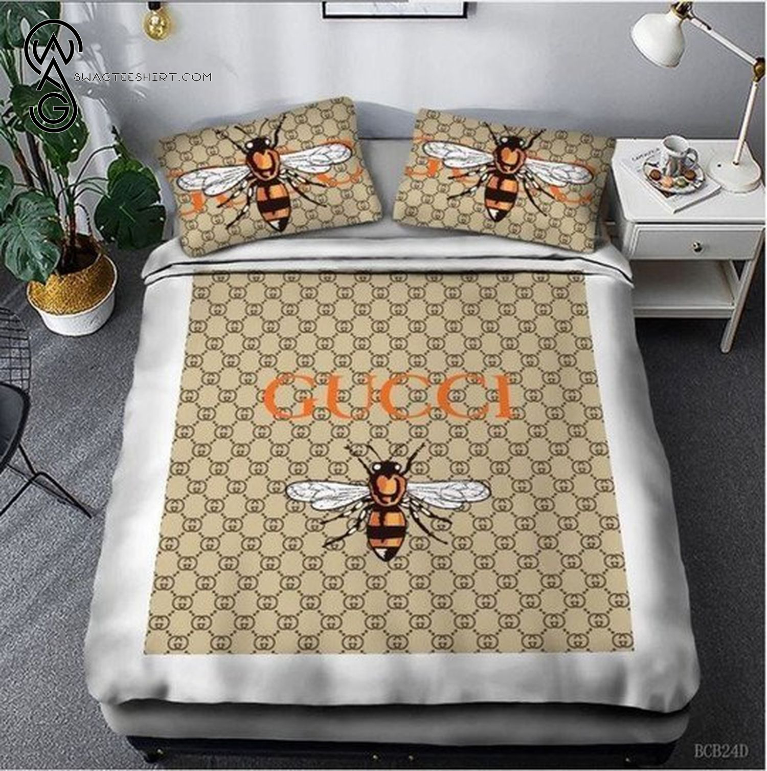 Gucci Bee Brown Logo All Over Print Bedding Set Gucci Bee Brown Logo All Over Print Bedding Set