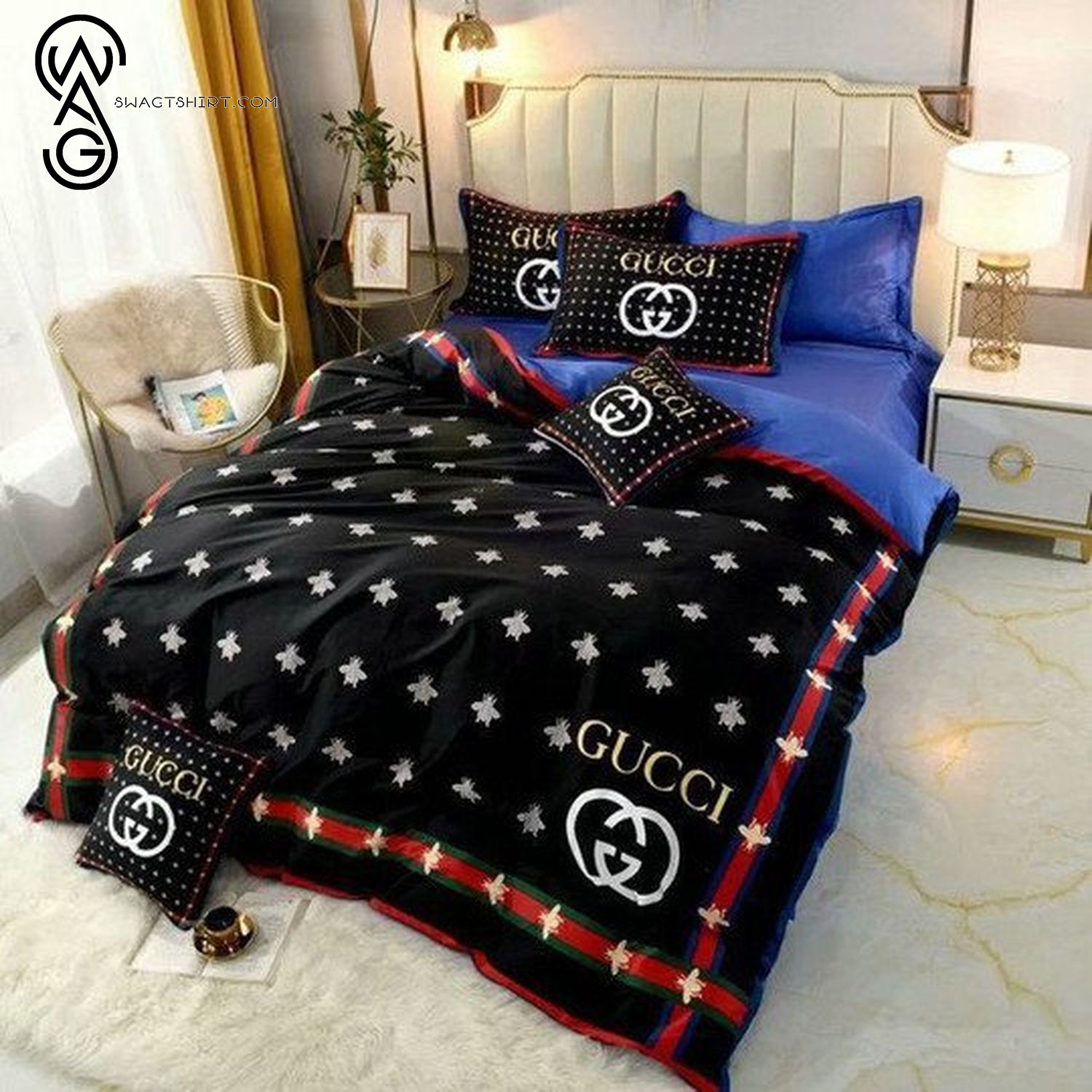 Gucci Black Purple Logo Full Print Bedding Set Gucci Black Purple Logo Full Print Bedding Set