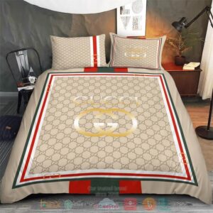 Gucci Brand Gc Logo Khaki Pattern Quilt Bedding Set