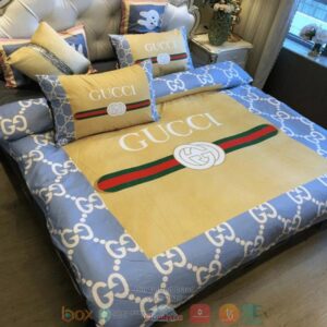 Gucci Brand Gc Logo Yellow Blue Pattern Quilt Bedding Set