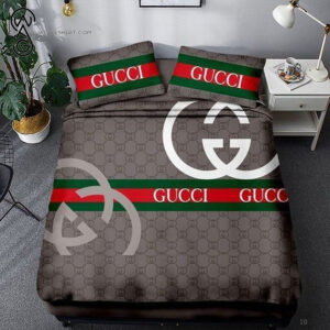 Gucci Brown Blue Red Logo All Over Print Bedding Set