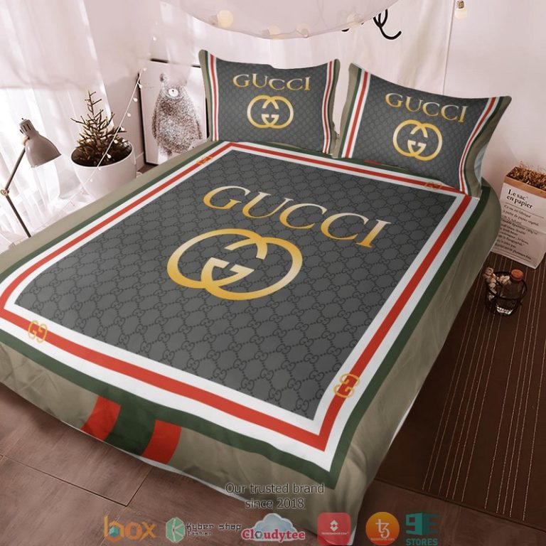 Gucci-Grey-Green-Red-Square-Quilt-Bedding-Set-2