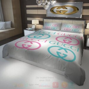 Gucci Pink-Blue-White Inspired Bedding Set