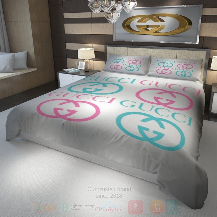 Gucci Pink-Blue-White Inspired Bedding Set Gucci Pink-Blue-White Inspired Bedding Set