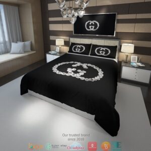 Gucci White Flower Logo Black Quilt Bedding Set