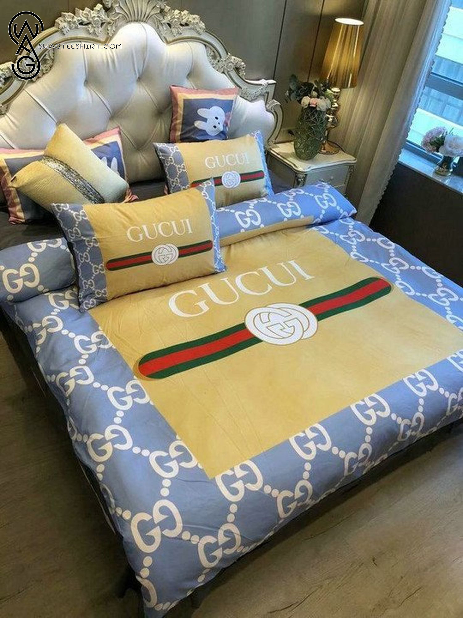 Gucci Yellow Blue Logo All Over Print Bedding Set Gucci Yellow Blue Logo All Over Print Bedding Set