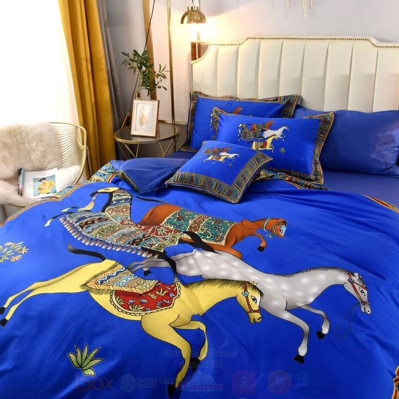Hermes Horse Full Blue Luxury Brand Bedding Set Hermes Horse Full Blue Luxury Brand Bedding Set