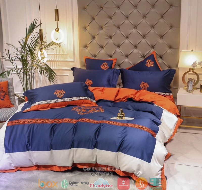 Hermes Navy Orange Quilt Bedding Set Hermes Navy Orange Quilt Bedding Set