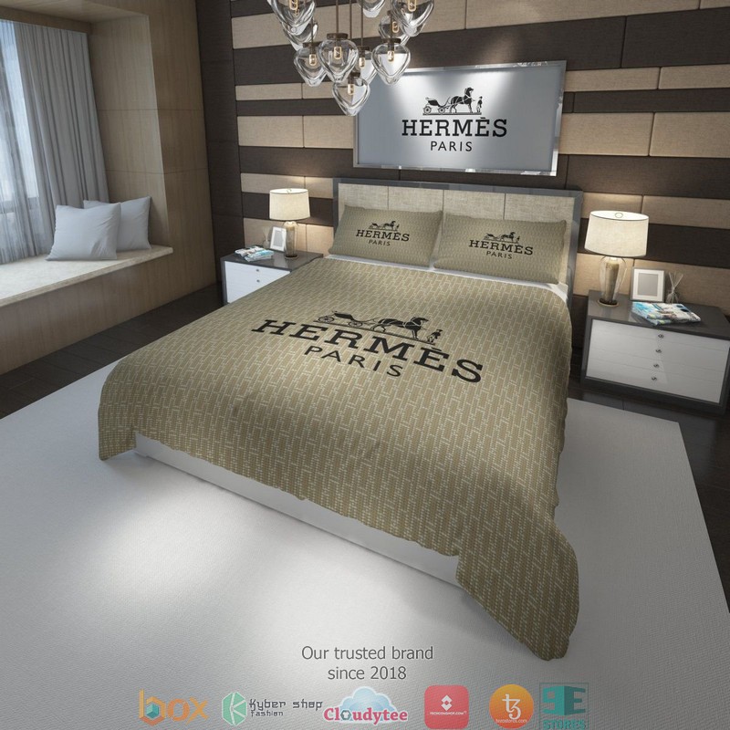 Hermes Paris Black Logo Light Brown Duvet Cover Bedding Set Hermes Paris Black Logo Light Brown Duvet Cover Bedding Set