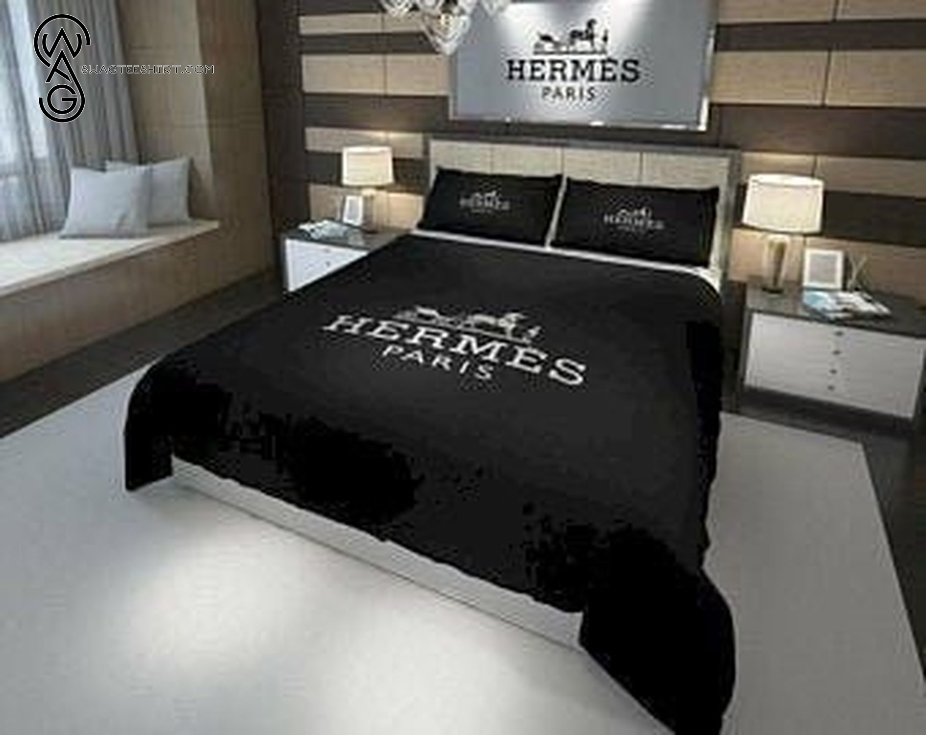 Hermes Paris Black Monogram Classic All Over Print Bedding Set Hermes Paris Black Monogram Classic All Over Print Bedding Set