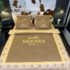 Hermes Paris Brown White Square Pattern Duvet Cover Bedding Set