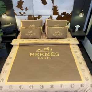Hermes Paris Brown White Square Pattern Duvet Cover Bedding Set
