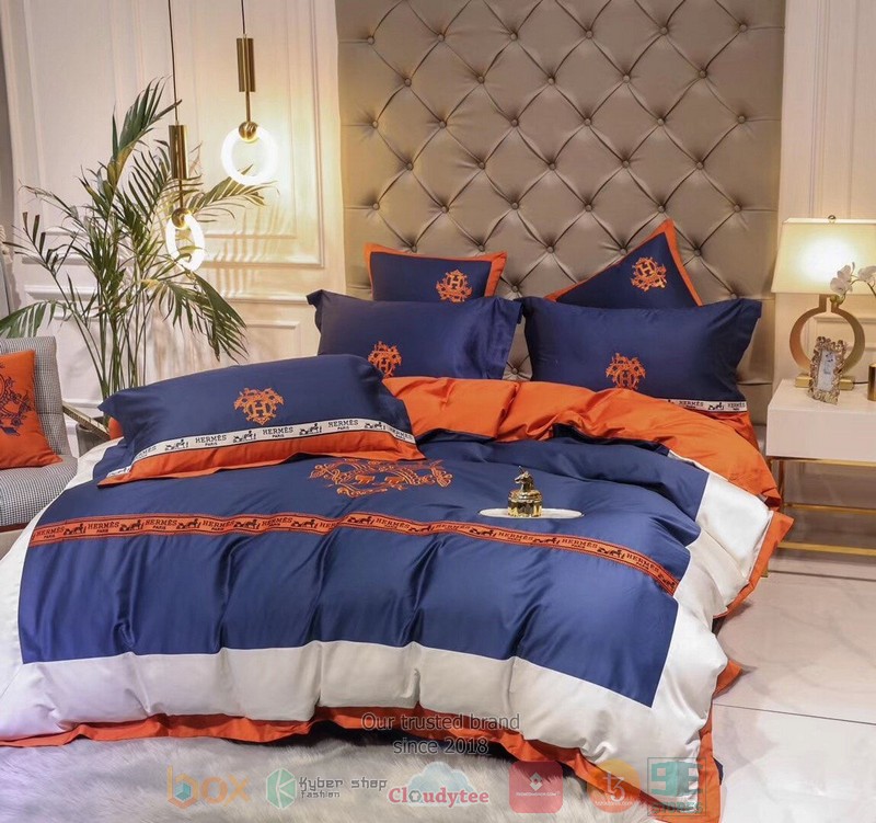 Hermes Paris Luxury Brand Blue Orange Quilt Bedding Set Hermes Paris Luxury Brand Blue Orange Quilt Bedding Set