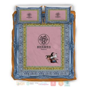 Hermes Paris Luxury Brand Pink Blue Quilt Bedding Set
