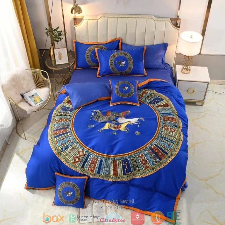 Horse-Native-American-Circle-Pattern-Blue-Quilt-Bedding-Set-1