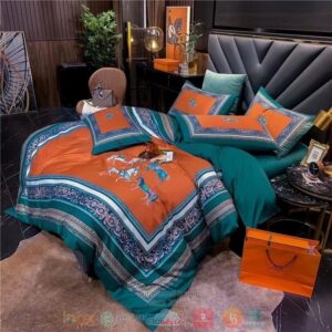 Horses Orange Green Quilt Bedding Set