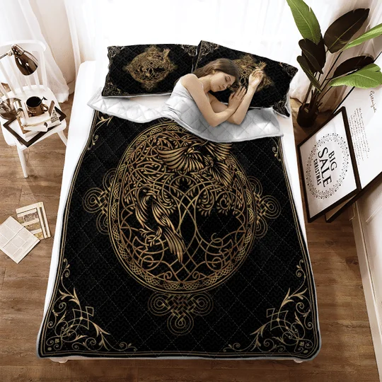 Hugin And Munin Odin’S Ranvens Yggdrail Viking Quilt Bedding Set Hugin And Munin Odin’S Ranvens Yggdrail Viking Quilt Bedding Set