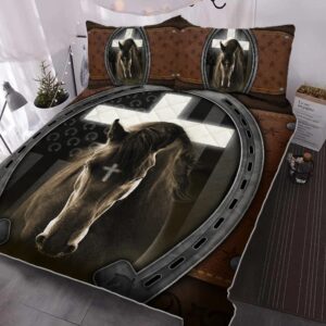 Jesus Cross Black Horse Horseshoe Quilt Bedding Set
