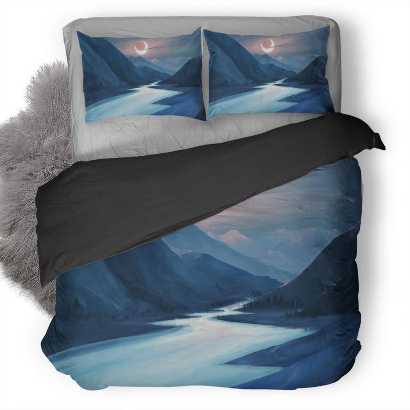 Lake Moon Night Illustration In Duvet Cover and Pillowcase Set Bedding Set Lake Moon Night Illustration In Duvet Cover and Pillowcase Set Bedding Set