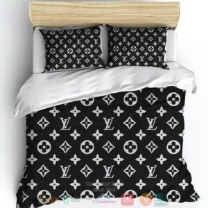 Louis Vuitton Brand Lv Logo Black Pattern Quilt Bedding Set