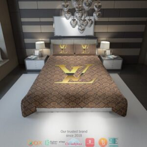 Louis Vuitton Gold Logo Brown Bedding Set