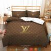 Louis Vuitton Gold Logo Brown Quilt Bedding Set