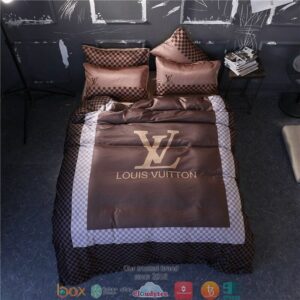 Louis Vuitton Lv Brown White Border Caro Pattern Duvet Cover Bedding Set