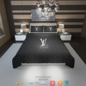 Louis Vuitton Lv Silver Logo Black Duvet Cover Bedding Set