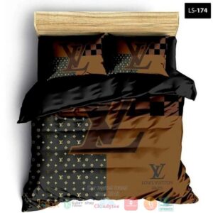 Louis Vuitton Paris Lv Luxury Brand Black Brown Pattern Quilt Bedding Set