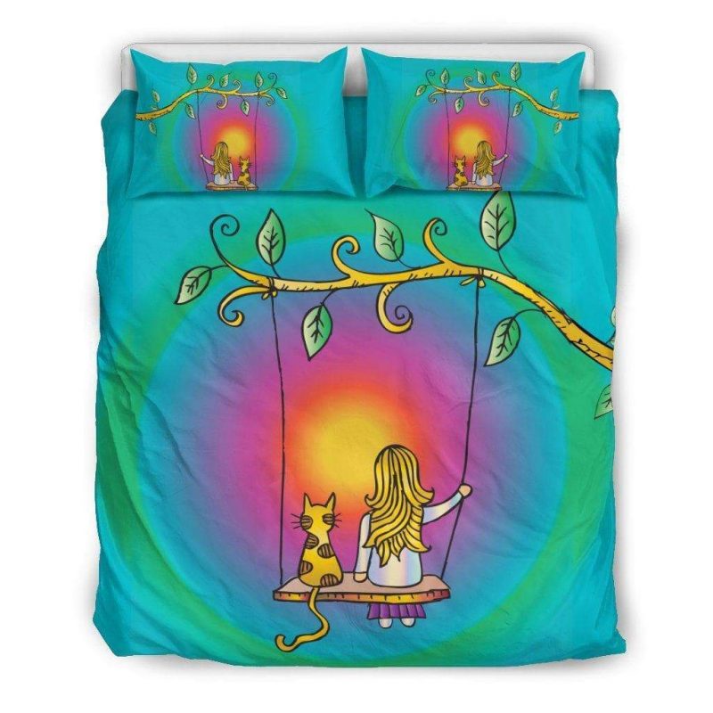 Lovely Cat And A Girl Sitting On The Swing Duvet Cover and Pillowcase Set Bedding Set Lovely Cat And A Girl Sitting On The Swing Duvet Cover and Pillowcase Set Bedding Set