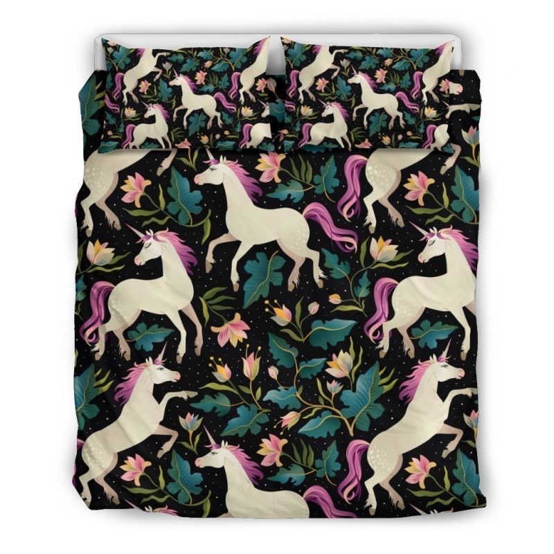 Night Floral Unicorn Pattern Print Duvet Cover and Pillowcase Set Bedding Set Night Floral Unicorn Pattern Print Duvet Cover and Pillowcase Set Bedding Set