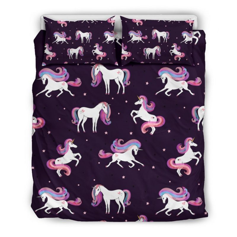 Night Girly Unicorn Pattern Print Duvet Cover and Pillowcase Set Bedding Set Night Girly Unicorn Pattern Print Duvet Cover and Pillowcase Set Bedding Set