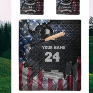 Personalized Batting Baseball American Flag Custom Quilt Bedding Set
