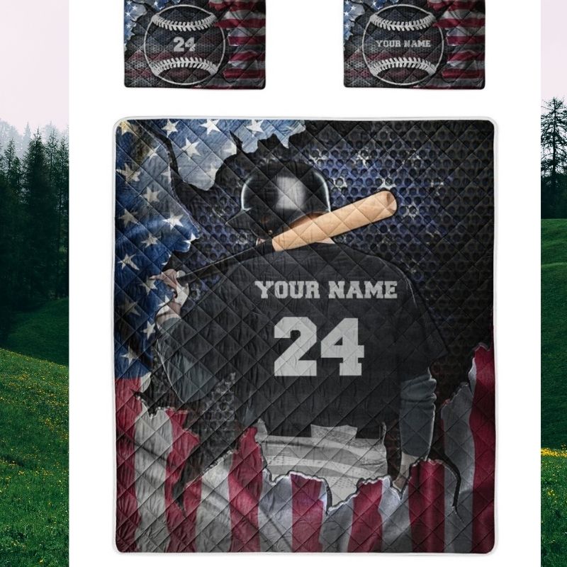 Personalized Batting Baseball American Flag Custom Quilt Bedding Set Personalized Batting Baseball American Flag Custom Quilt Bedding Set