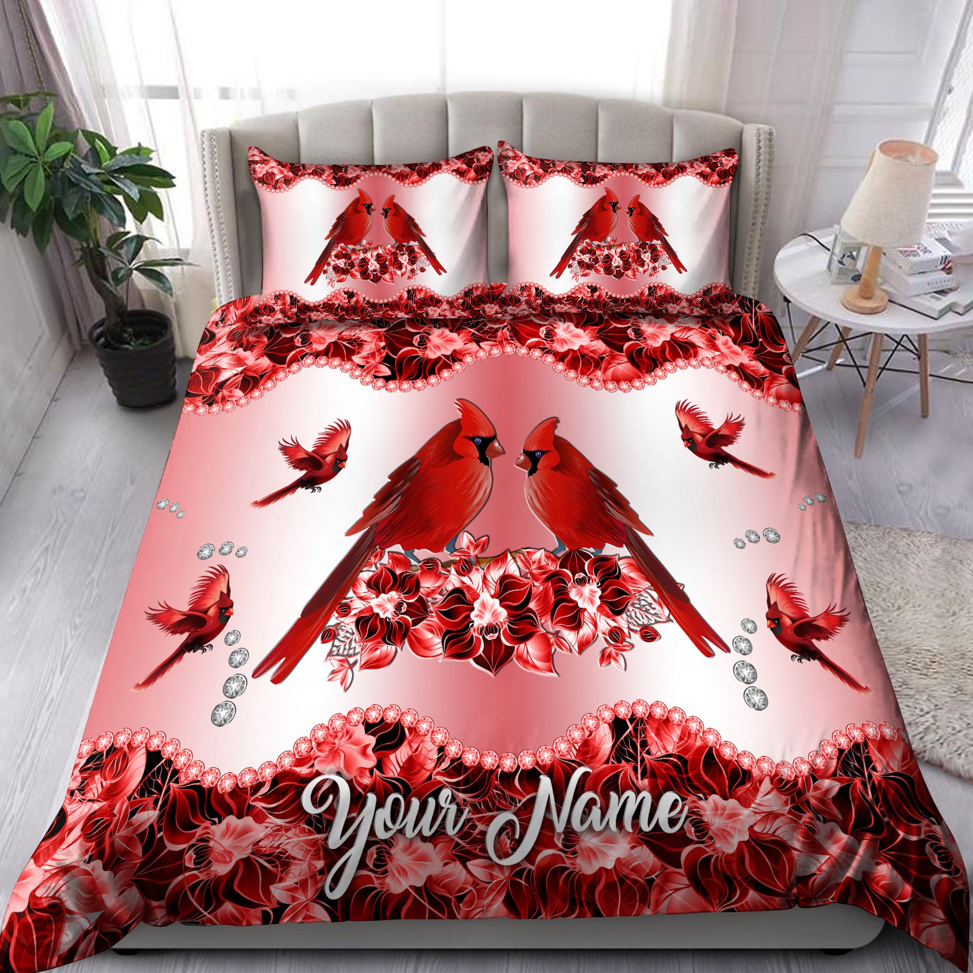 Personalized Cardinal Bird Couple Flowers Custom Bedding Set Personalized Cardinal Bird Couple Flowers Custom Bedding Set
