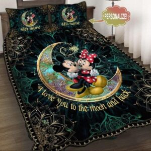 Personalized Mickey Mouse Minnie I Love You To The Moon And Back Quilt Bedding Set