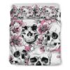 Pink Flowers Skull Pattern Print Duvet Cover and Pillowcase Set Bedding Set