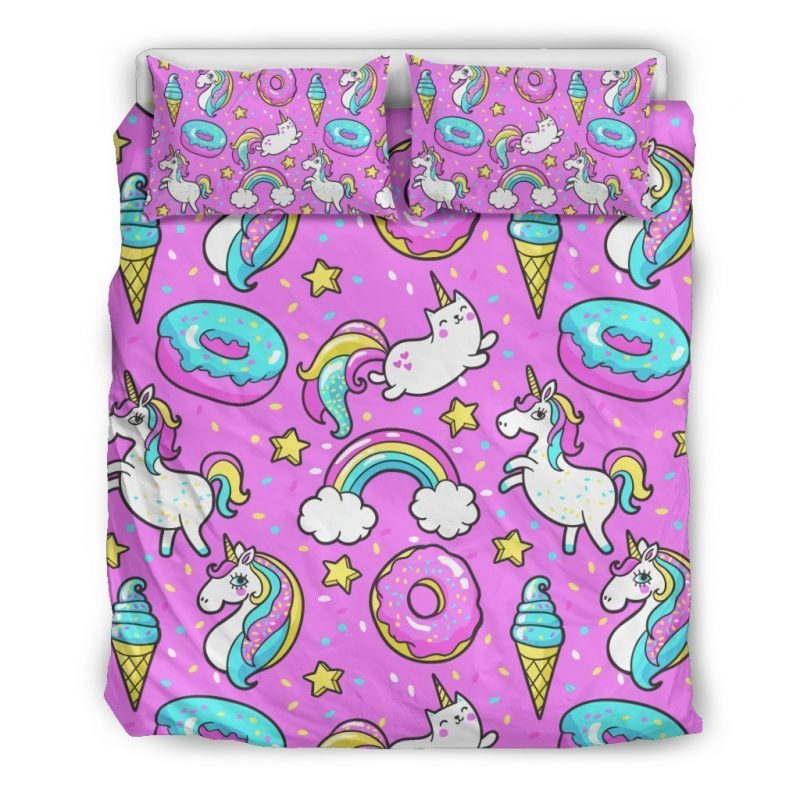 Pink Girly Unicorn Donut Pattern Print Duvet Cover and Pillowcase Set Bedding Set Pink Girly Unicorn Donut Pattern Print Duvet Cover and Pillowcase Set Bedding Set